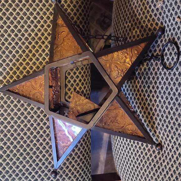 Vintage Moravian Star Amber Stained Glass Tealight Hanging Illuminated - Picture 2 of 3